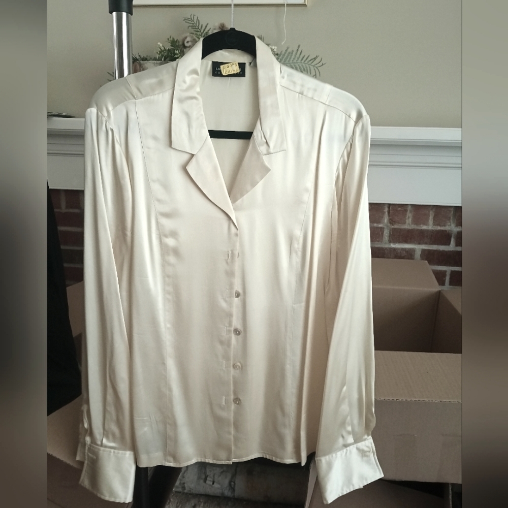 100% Cream Button-Up Blouse, Large, Size 14